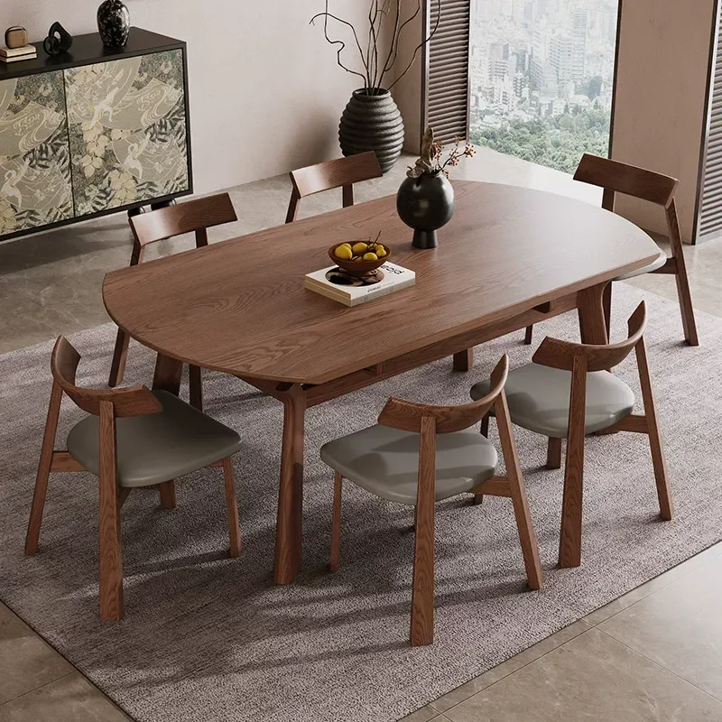 Medieval Style Solid Ash Wood Retractable Dining Table Variable Round Folding Table for Living Room Small Apartment Household