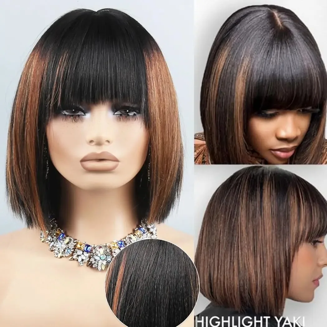 Realista Yaki Straight Short Bob com franja para mulheres, 100% cabelo humano, destaque marrom, colocar e ir, peruca de renda 3x1 minimalista