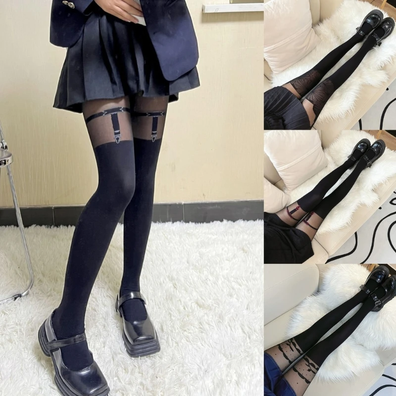 Japanese JK Girl Cute Jacquard Patterned Patchwork Pantyhose Women Mock Over Knee Socks Faux Suspender Tights Stockings