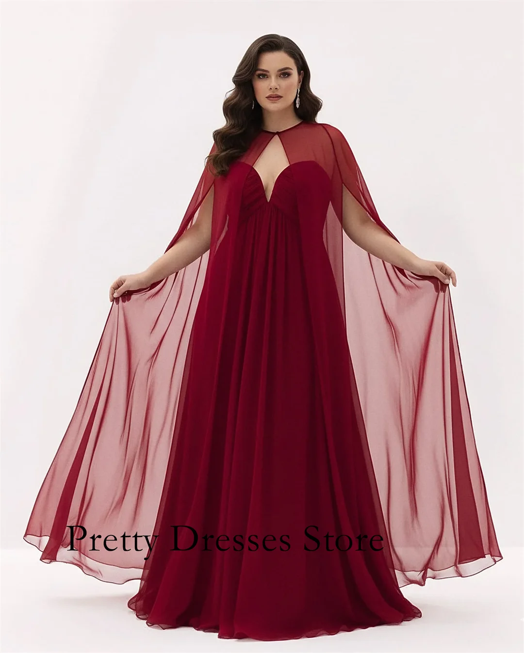 Burgundy Deep V‑Neck Evening Maxi Dress Sheer Chiffon Cape Overlay Keyhole Neck Pleated Flowy Formal Wedding Gala Party Gown