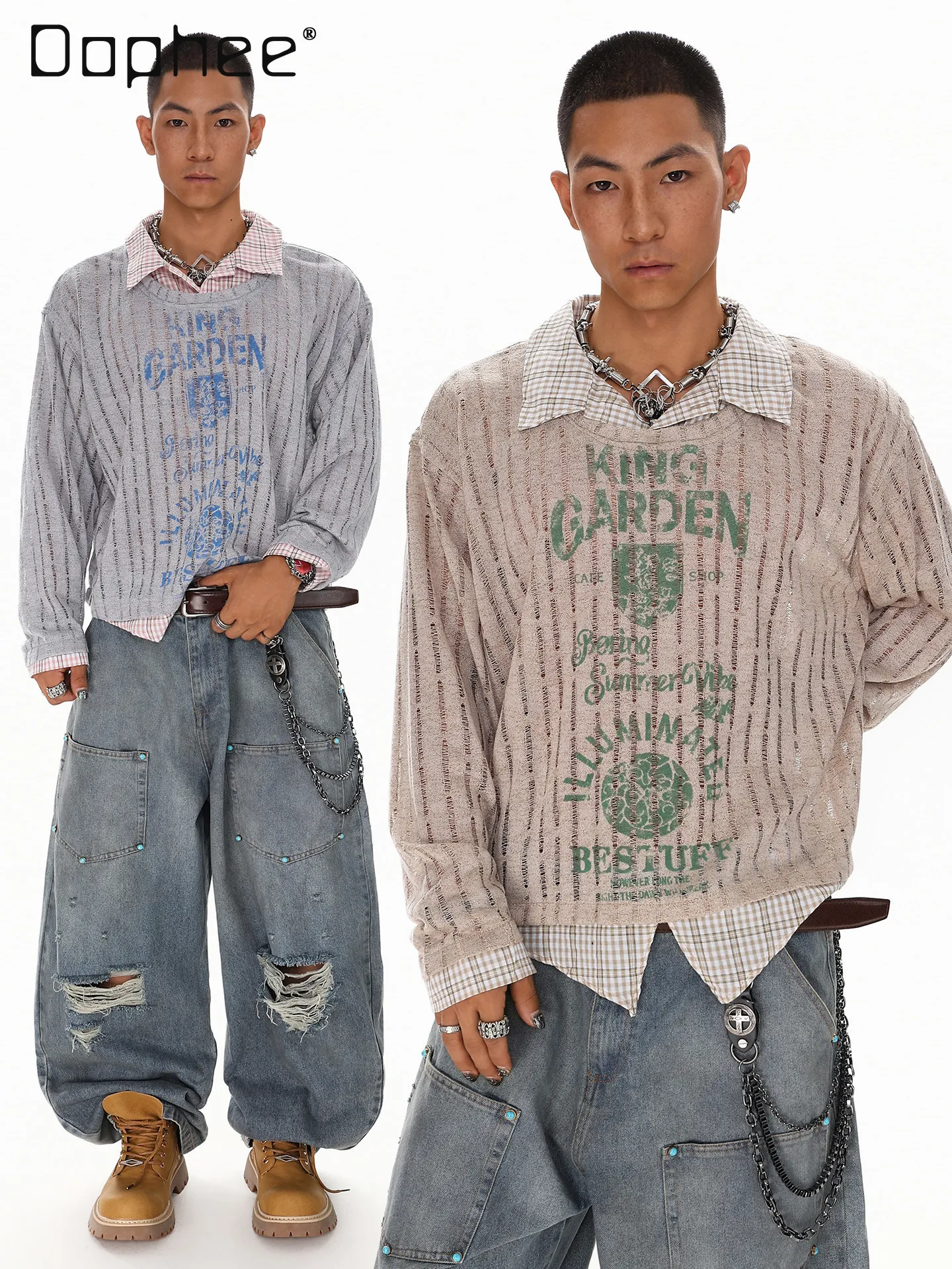 

Spring Autumn American Retro Style Letter Print Gray Long Sleeve T-Shirt for Men Coffee Color Loose Fake Two-Piece Striped Top