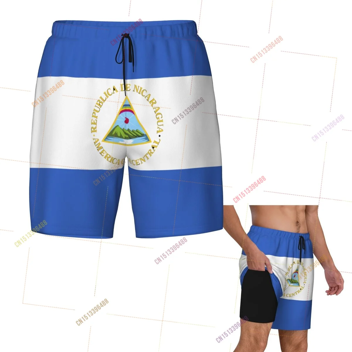 2026 Nicaragua Flag Top Print 3D Mens Swimming Trunks Hawaiian Bathing Beach 2 in 1 Quick-Dry Summer Swim Shorts With Pockets