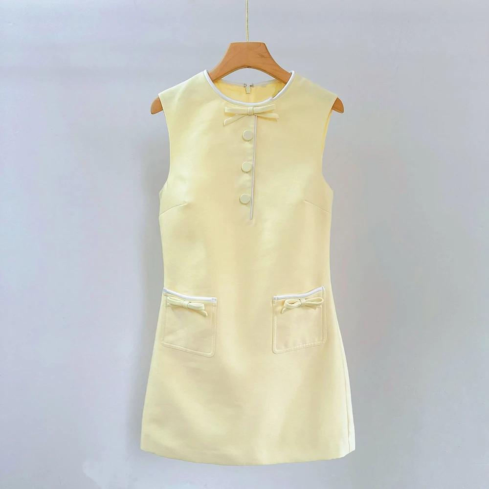 Damen Gelbes Ärmelloses Minikleid Elegantes Schleifendekor O-Ausschnitt A-Linie Kurzes Kleid mit Taschen Büro Casual Party Büro 2026 Neu