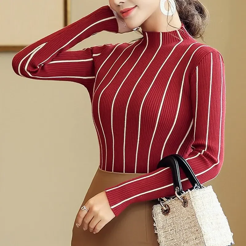 SEXMKL Striped Turtleneck Pullover Women 2024 Winter Thick Sweater Red Korean Ladies Office Knitted Sweater Black Top Pull Femme