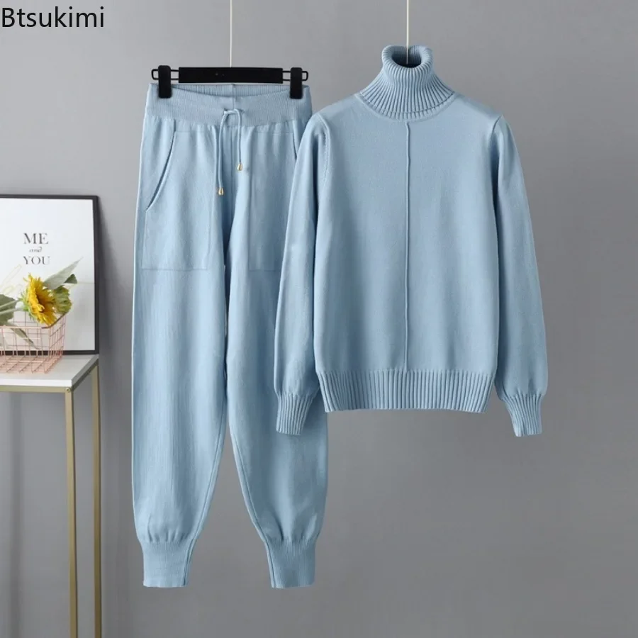 2024Women\'s Casual Warm 2PCS Knitted Tracksuit Sets Solid Autumn Winter Cashmere Turtleneck Sweater and Harem Pant Sets Outfits
