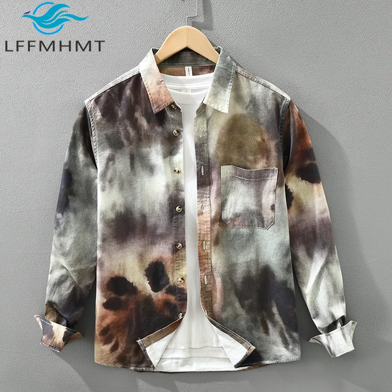 

7831 Japan Style Trendy Printed Long Sleeve Men's Shirt Pure Cotton Color Blocking Versatile Literary Casual Loose Fit Tops