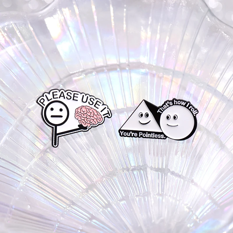 Simplified Cartoon Characters Enamel Pins Funny Satirical Quotes Please Use Your Brain Lapel Badge Accessories Lapel Badge Gift