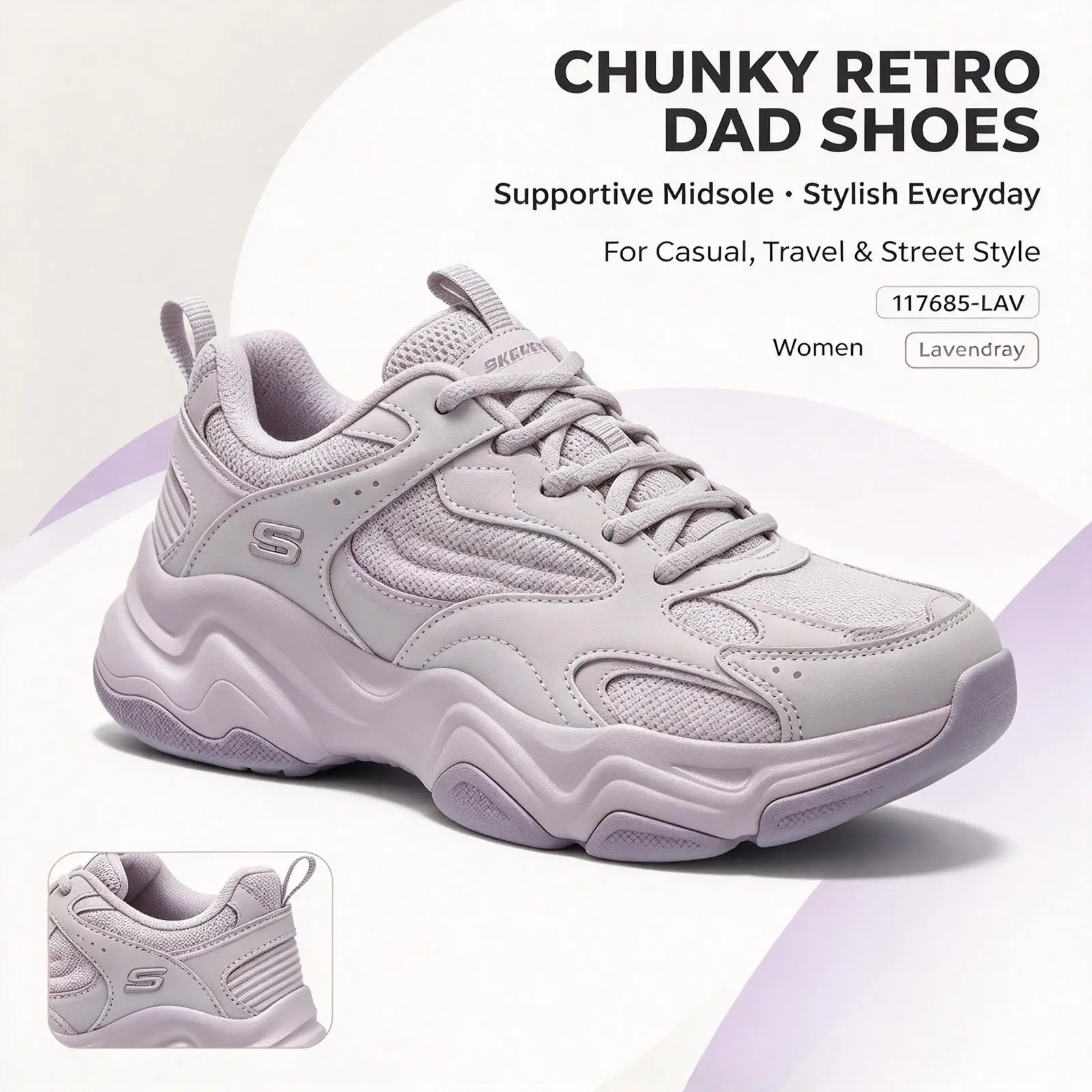 Women Skechers Casual Retro Dad Shoes 117685-LAV, Lavender Gray Chunky Sneakers, Fashion Comfortable Daily Walking Shoes