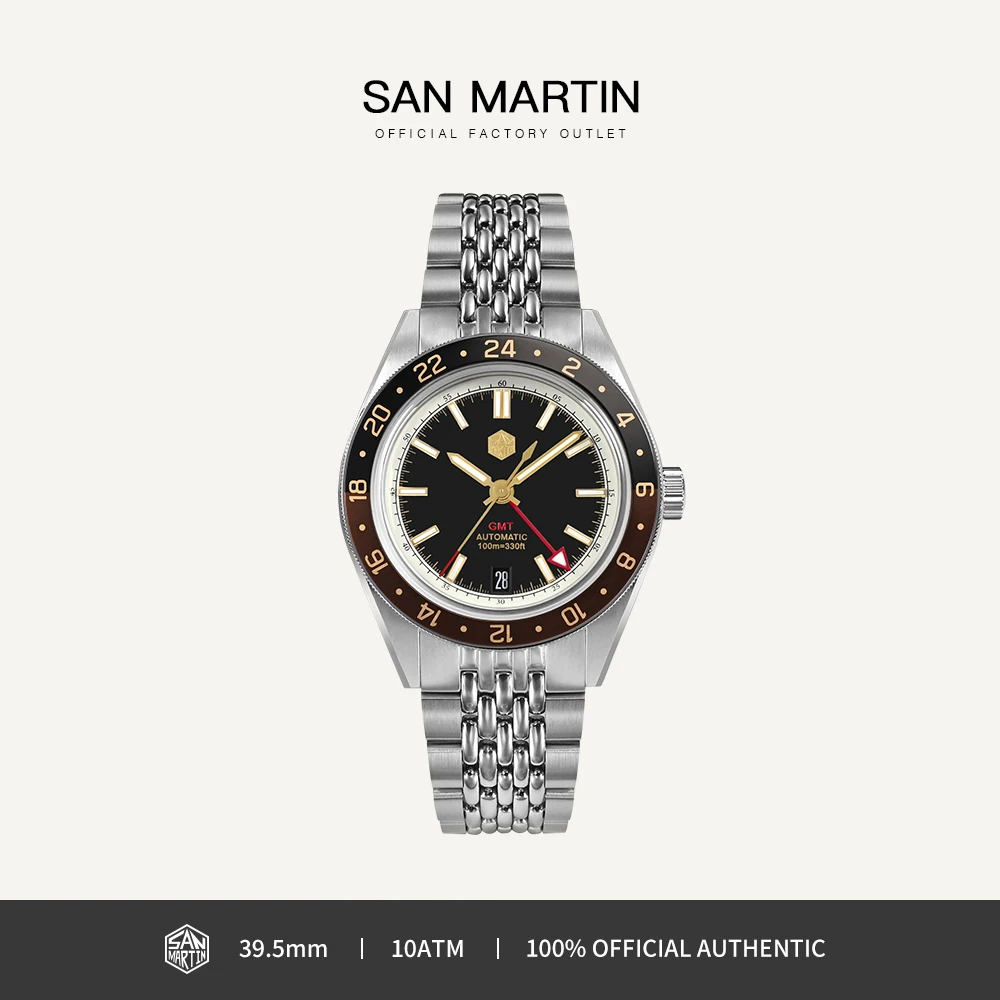 

Мужские часы San Martin, новинка 39,5 мм, NH34 GMT, двунаправленный алюминиевый ободок, роскошный автоматический механический Сапфир, 10 бар, светящийся SN0116