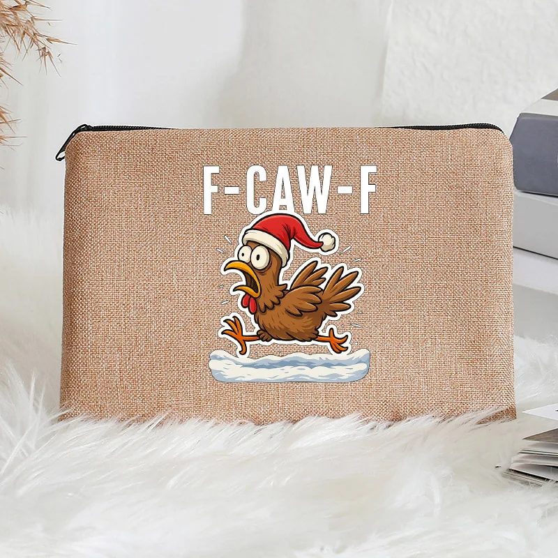 2025 New F-Caw-F Funny Chicken F Caw F Rooster Meme Women Linen Makeup Bag Linen Cosmetics Bag Party Gift Mother Girlfriend