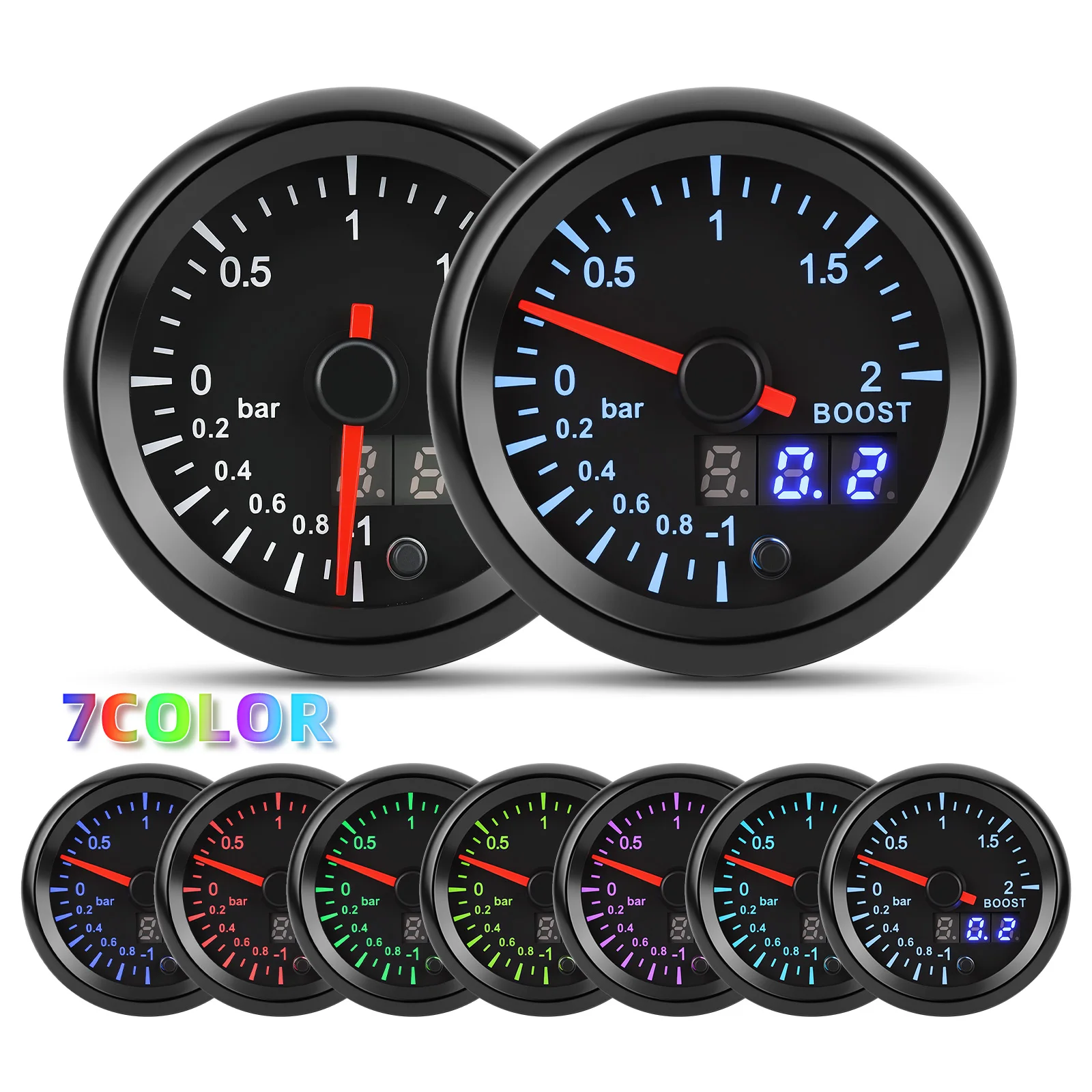 % 52MM Turbo boost gauge 2Bar Boost meter 7 Colors Dual Display Pointer instrument with stepper motor Boost sensor