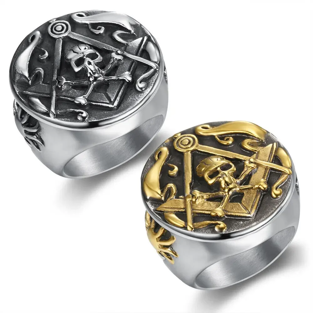 Stainless Steel Freemason Gothic Bike Men's Ring with Skull - Sizes 7-15
