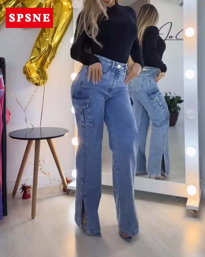 Calça jeans vintage de perna larga feminina, azul, cinza, jeans de rua alta, calça comprida casual de rua, bolsos hip-hop, Y2K