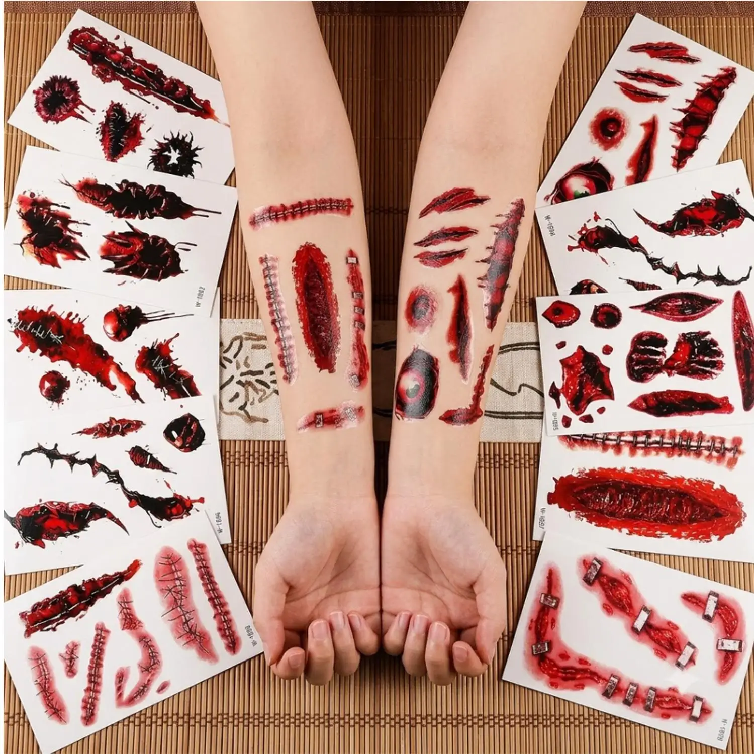 Halloween 3D Fake Scar Temporary Tattoos Bloody Wound Zombie Designs for Face/Body Costume Party Prank Cosplay Makeup Tattoos​