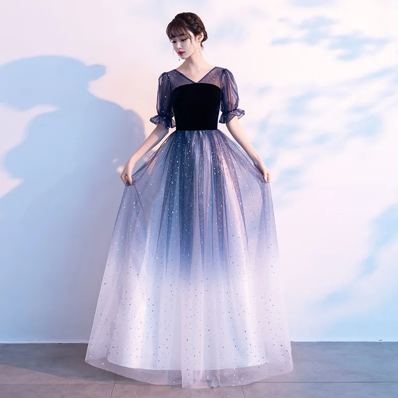 

DSP Элегантное трапециевидное тюлевое платье для выпускного вечера с v-образным вырезом и короткими рукавами, выпускное платье, вечерние платья