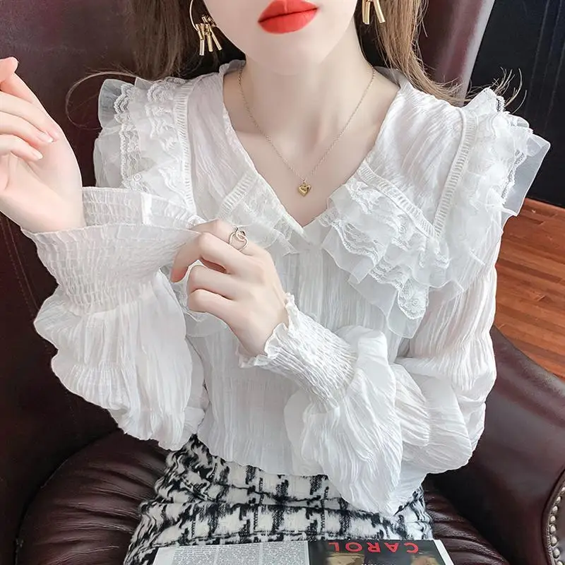 Shirt Women Loose Spring Solid Preppy Style Ruffled Sheer Ladies Gentle Breathable Leisure Cozy Sweet Chic Pleated Streetwear