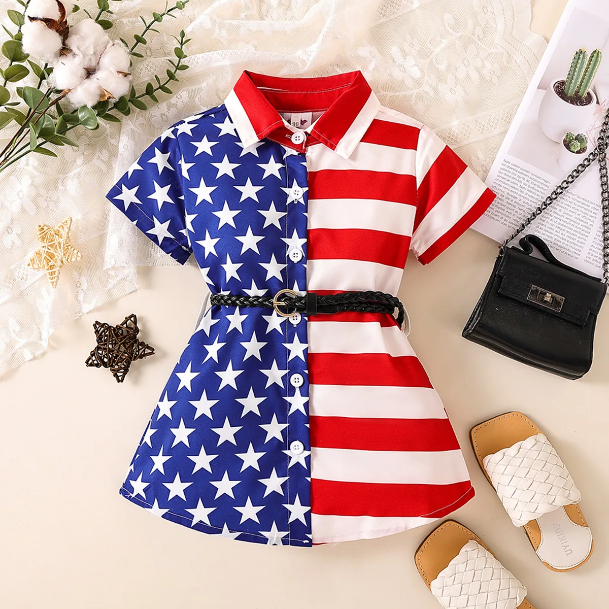 7-14y Kid Girl 4th of July Dress Independence Day Festive Girls American Flag Short Sleeve Lapel Splicing Dress With A Belt