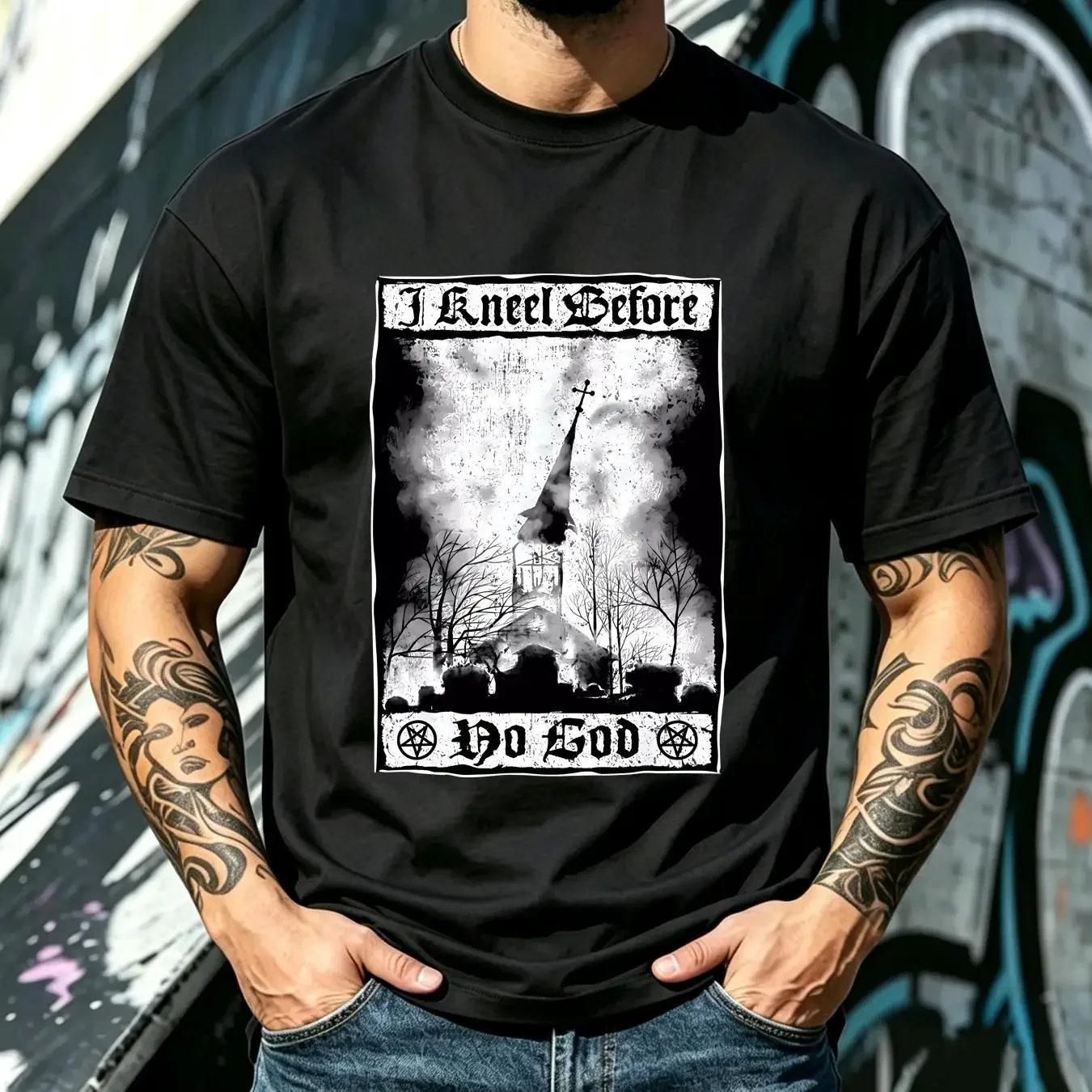 washed T Shirt I Kneel Before No God Burning Church Satanic Witchcra Retro Vintage Art vintage Washed graphic Comfortable