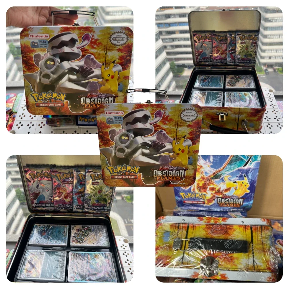 Tarjetas de colección de origen perdido de Pokémon, caja de Metal en inglés y español, juguetes de batalla de hierro con juego de Pikachu, tarjetas bancarias de Anime para niños VMAX