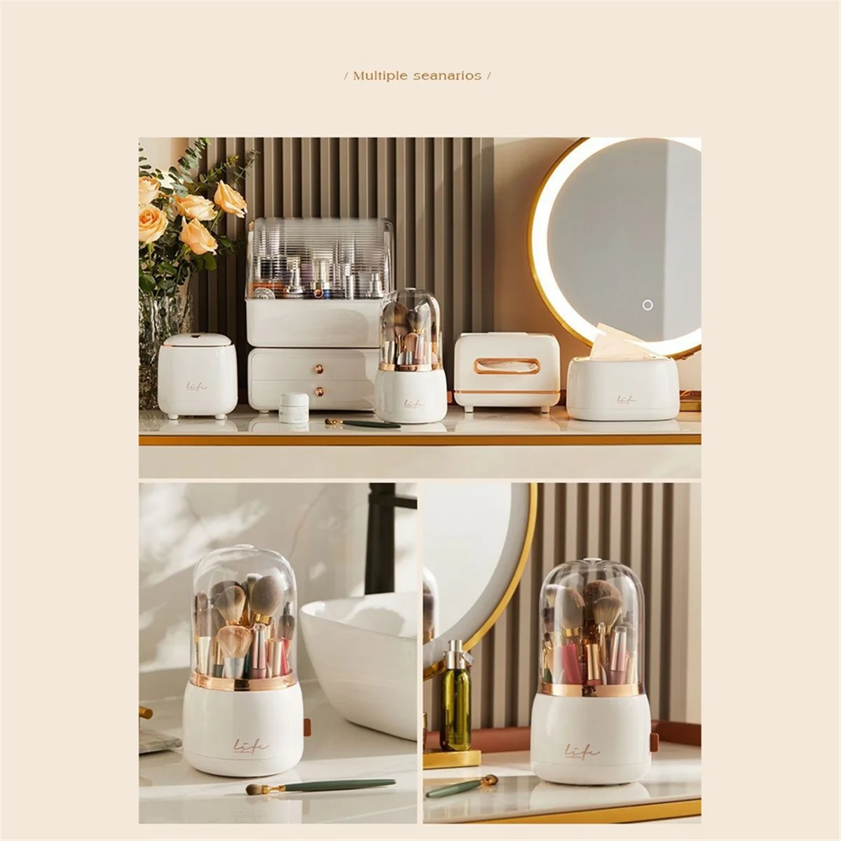 ABGU Multifuncional 360 °   Soporte giratorio para brochas de maquillaje, organizador cosmético de escritorio portátil para artista de maquillaje, verde oscuro