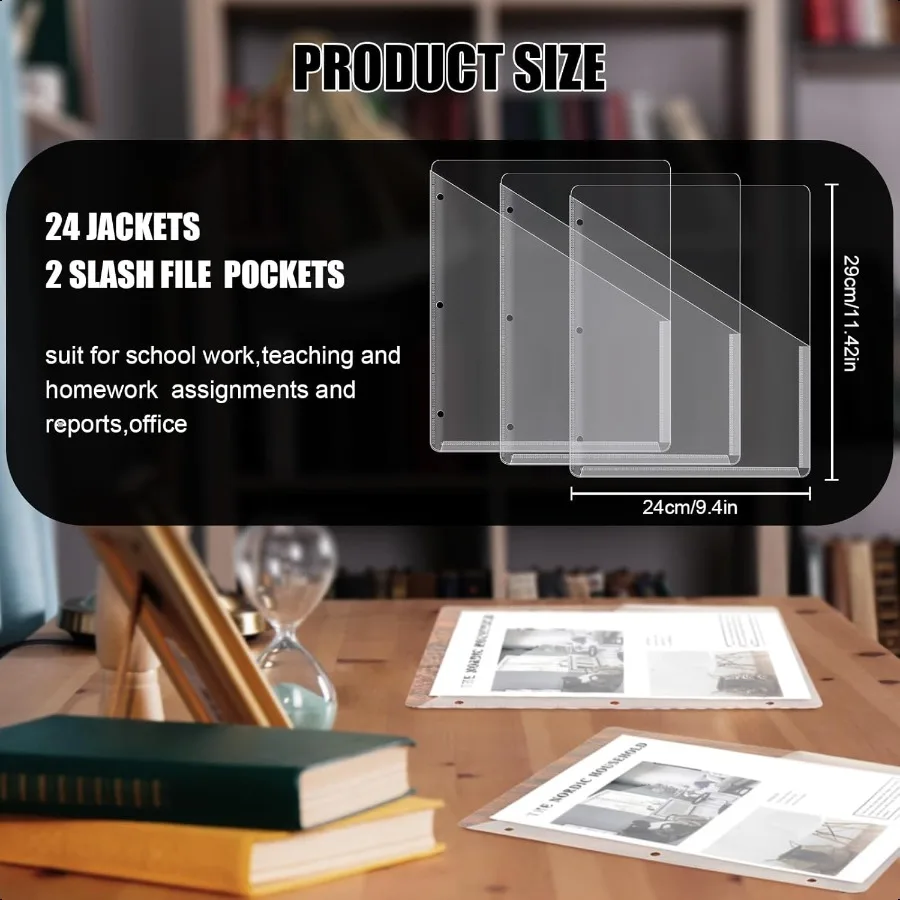 24 قطعة جيوب الموثق ل 3 حلقة الموثق المجلدات البلاستيكية الشفافة الأكمام 3 حفرة لكمة وثيقة فواصل بولي مائل ملف سترة Org