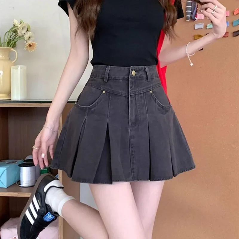 Vintage Denim Shorts Summer High Waist Girl's Slim Hip A- Line Short Skirt Pleated Korean Style Skirt High Quality Grey y2k