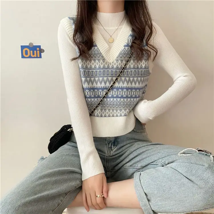 

Ретро-комплект: вязаный жилет и свитер для женщин, тонкий, с V-образным вырезом, в университетском стиле, верхняя одежда для осени и зимы, модный свободный крой для девушек