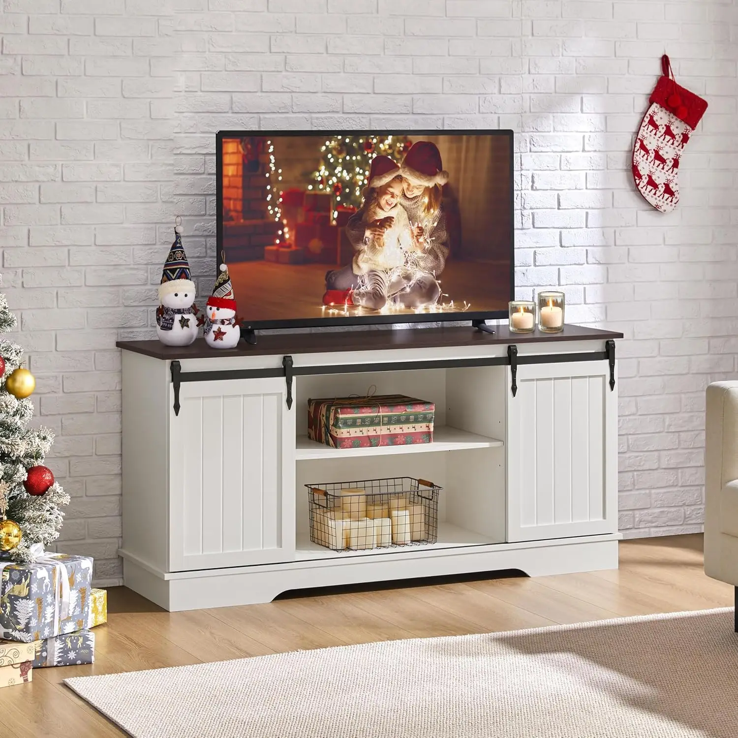 TV Stand for 65 Inch TV, Farmhouse Entertainment Center with Sliding Barn Doors, TV Media Console for Living Room, Bedroom,White