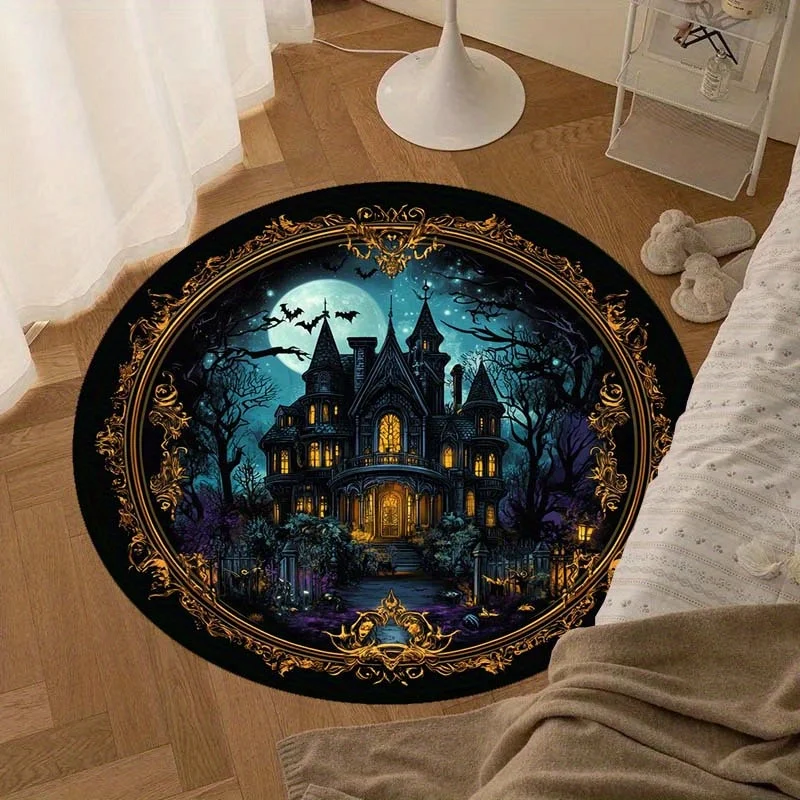Halloween 3D Checkered Pit Round Area Rug Gothic Haunted House and Dead Tree Pattern Carpet for Spooky Bedroom Decor
