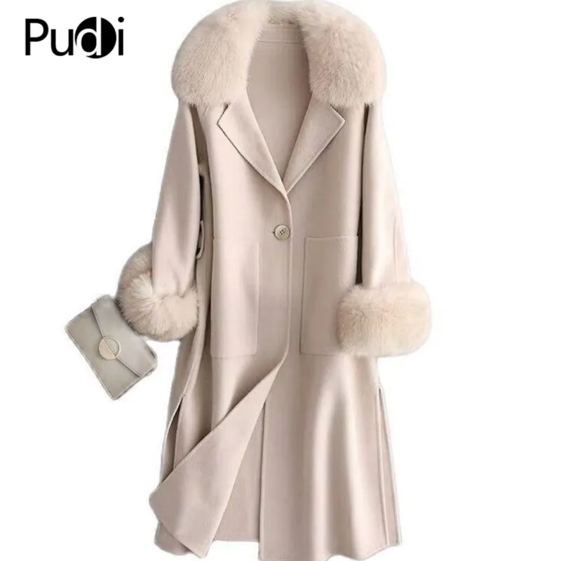 

Pudi Woman Real Fur Coat Wool Blends Jacket With Real Fox Fur Collar Cuff Winter Warm Female Overcoats ZY906