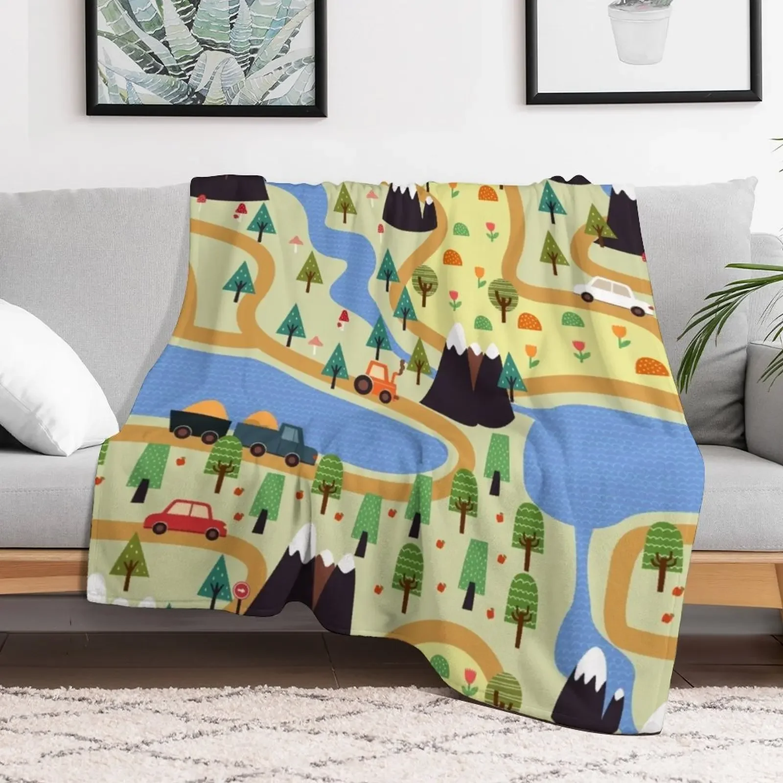 kids seamless, all over road print with cars, trees, trainsplaymat Throw Blanket decorative valentine gift ideas Blankets