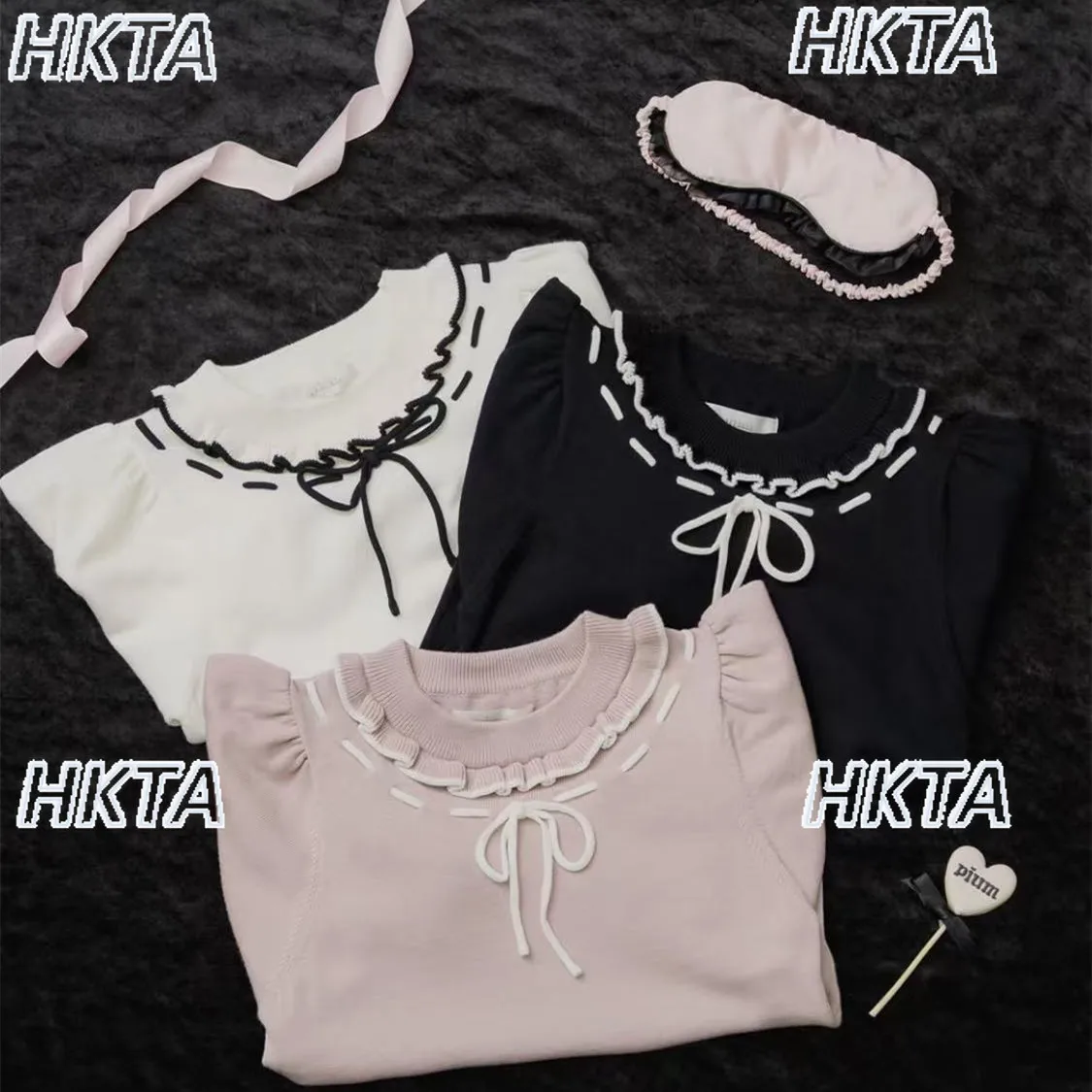 Japanese Kawaii Fungus Edge Lace Up Contrasting Color Bubble Sleeve Top Knitted Tshirt  Sweet Lolita White Sweater Top Women