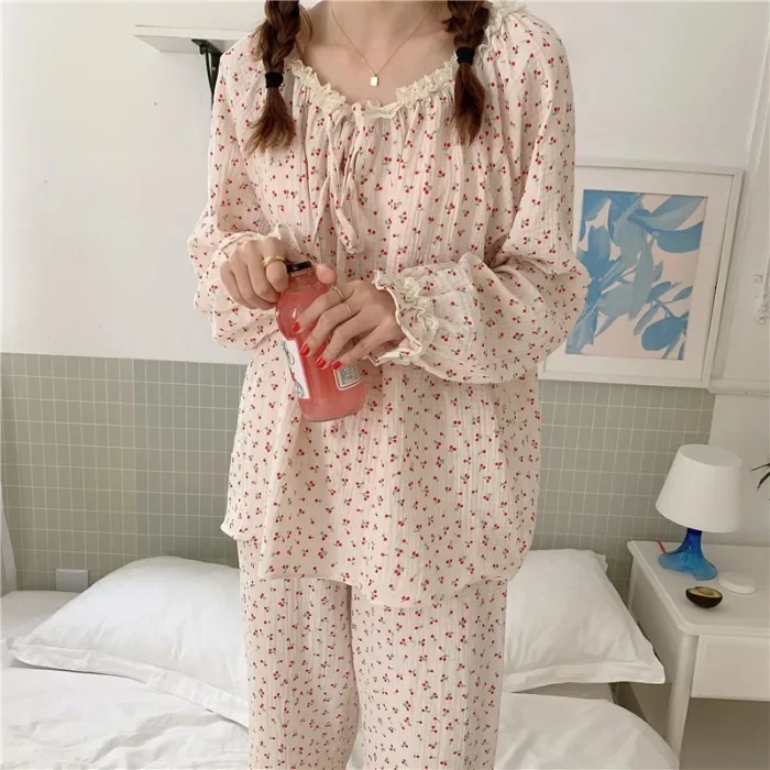 Korean Sweet Lace Cherry Print Cotton Pajamas Suit 2021 Autumn Long Sleeve Trousers  Home Wear Two Piece Set Pyjamas Women