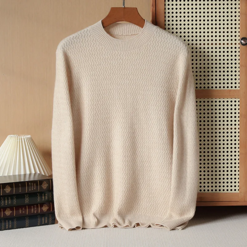 2023 Men\'s High End 100 Pure Cashmere Knitted Diamond Round Neck Sweater Winter Warm Pullover Solid Autumn Solid Business Top