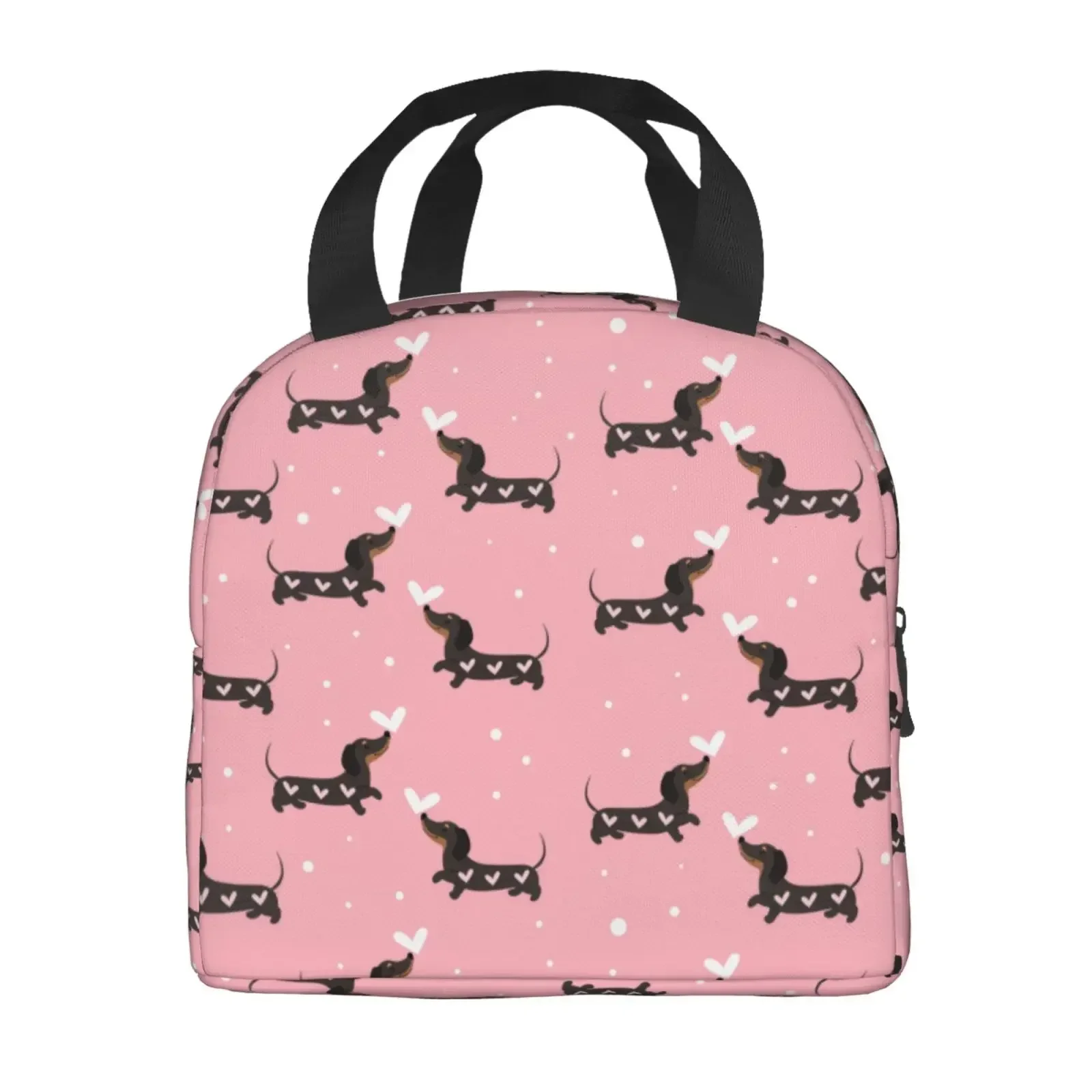 Custom Bag Custom Dachshund Sausage Dogs Pink Flowers Print Reusable Insulated Lunch Bag Cooler Tote Box Container With Front Po