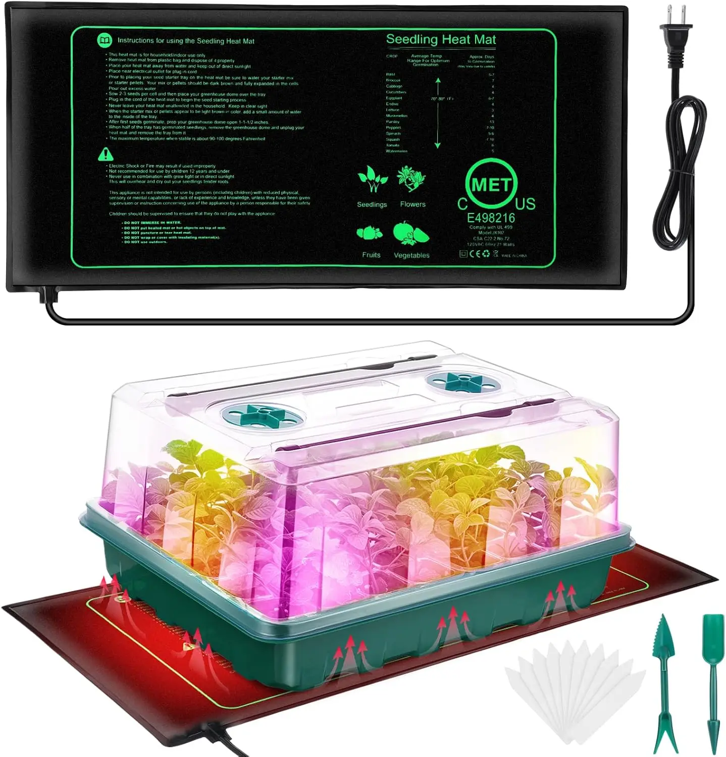 

Початковый лоток для семян, 96-елементный лоток для выращивания семян с подсветкой, нагревательный коврик, лотки для проращивания комнатных садовых растений (зеленый, 5 x 14