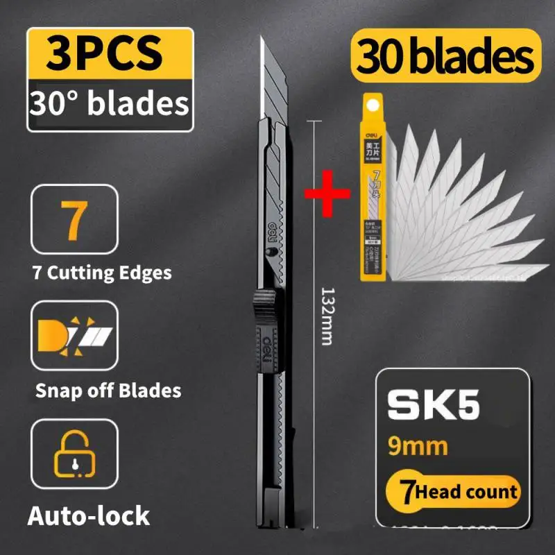 9mm Sharp 30 Degree Utility Knife Metal Stainless Steel Box Cutter SK5 Carbon Steel Black Blades Carton Paper Cutting