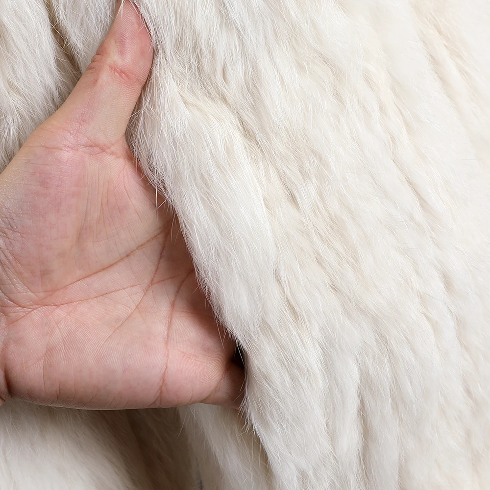 Luxe Dames Winter Echt Konijnenbont Gebreid Jasje Lange Mouw Opstaande Kraag Dames Klassiek Echt Bont Uitloper Zakken