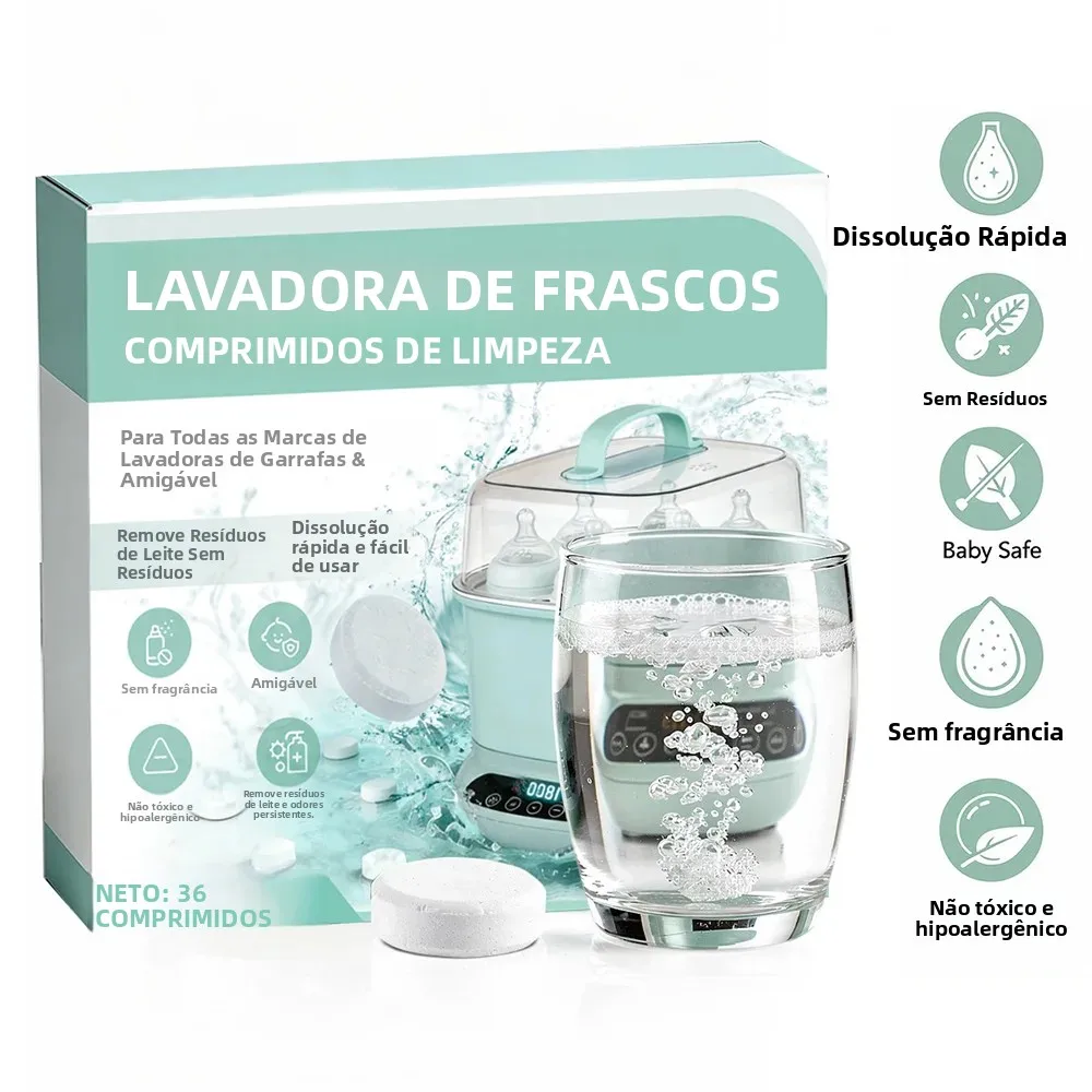 Pastilhas descalcificantes para mamadeiras, removedor de calcário, pastilhas de limpeza para chupetas e utensílios de mesa, efeito de limpeza duradouro