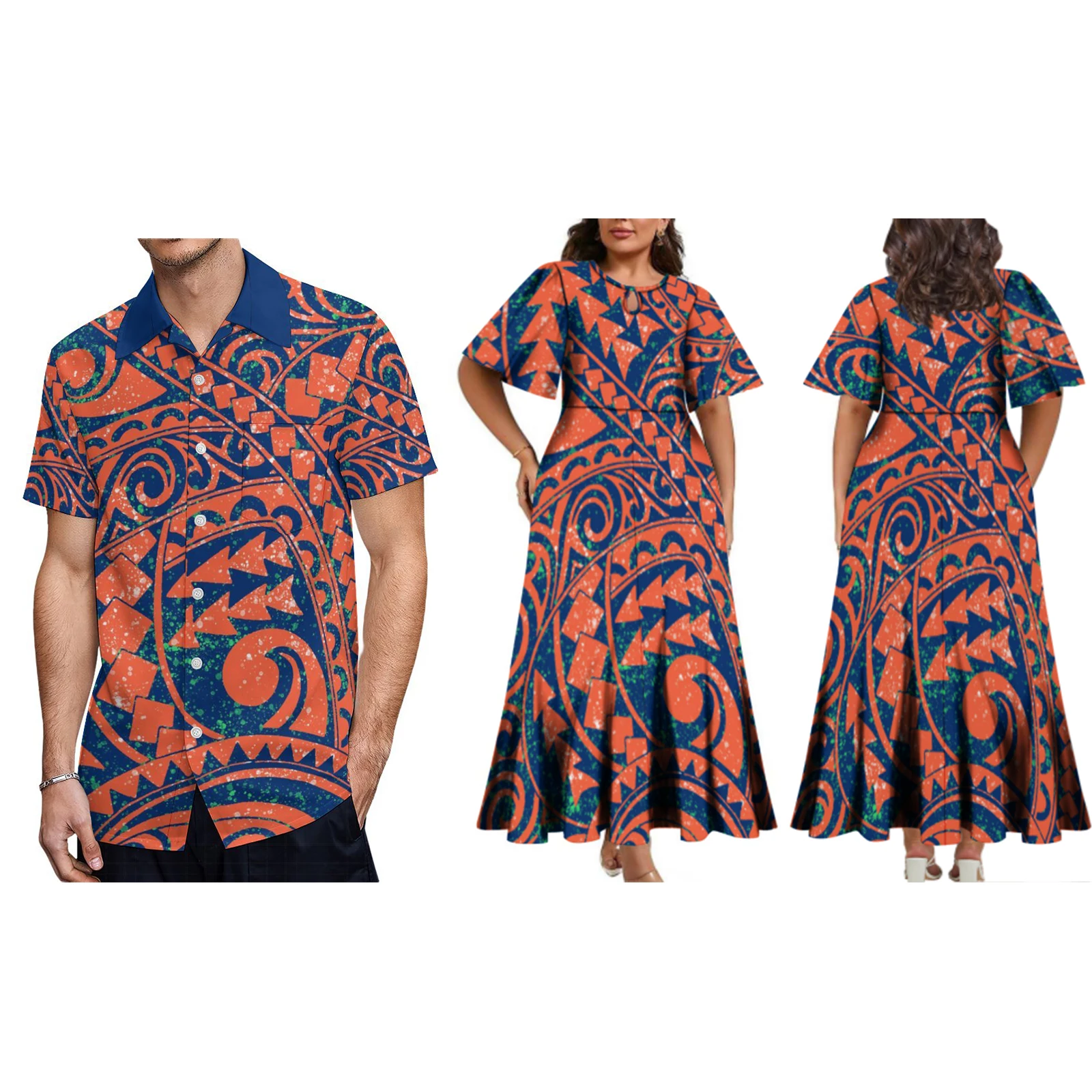 Hot Selling Plus Size Womens Clothing Custom Tapa Polynesian Tribal Design Samoan Dress Half Sleeve Long Pleated Ladies Dresses