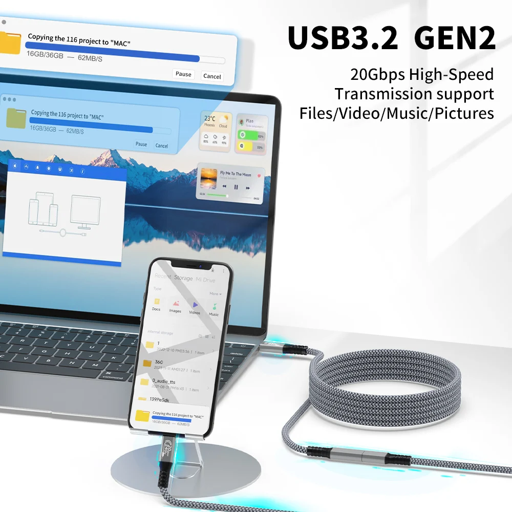 USB C 3.2 Gen2 20Gbps Extension Cable Type C to C PD 240W QC4.0 3.0 5A Fast Charging Cable For MacBook Pro 4k 60Hz Video Cable