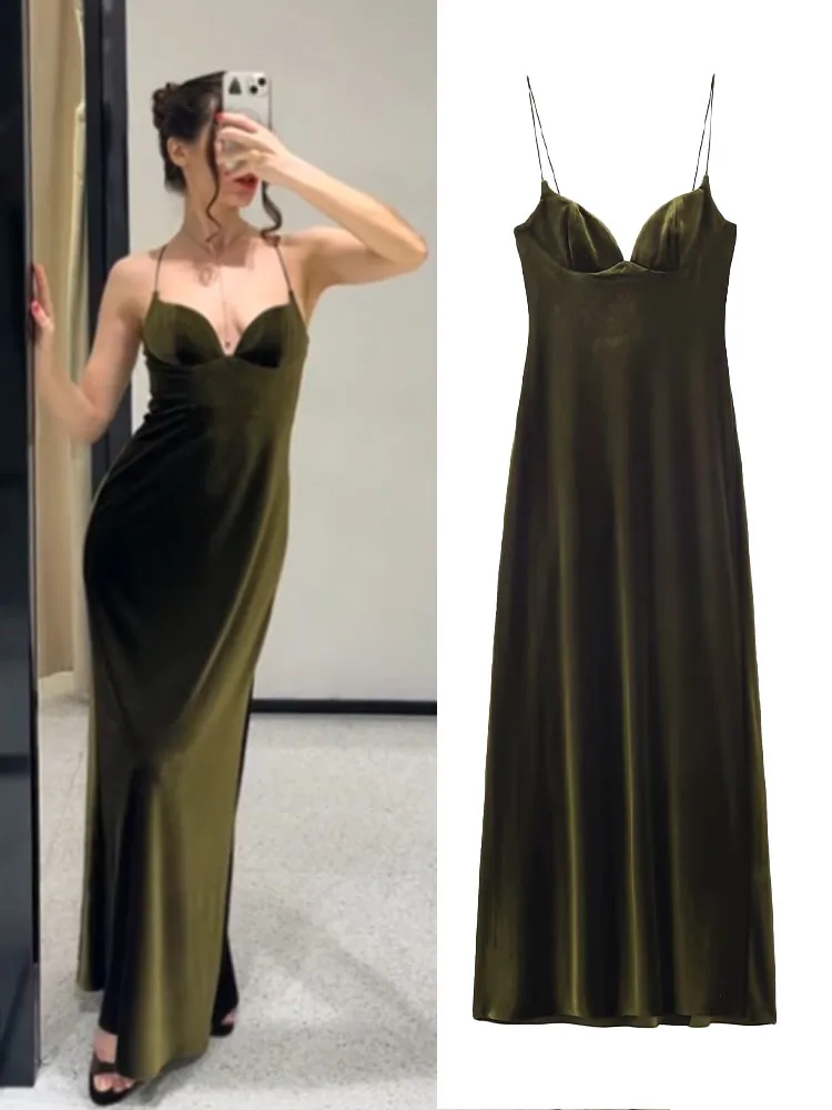HH-vestido largo de terciopelo con tirantes para mujer, novedad de verano 2026, moda con cuello en V, Sexy, versátil, elegante, sin espalda, hasta el tobillo
