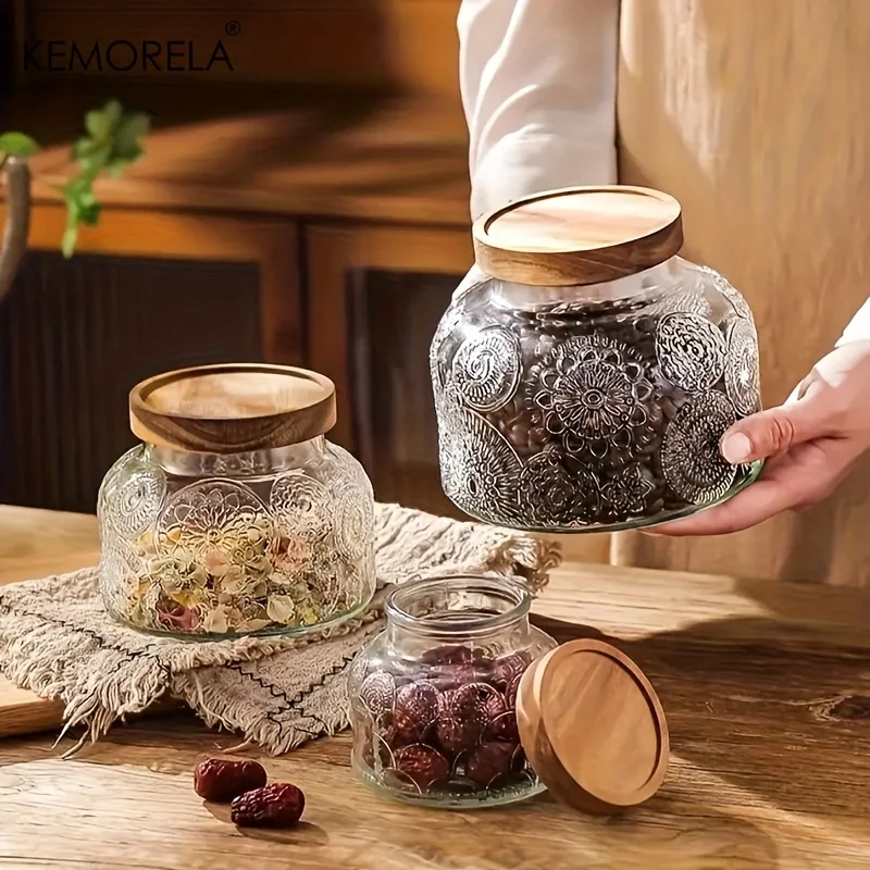 1/3 Stück versiegelte Glasgläser mit Retro-Crabapple-Muster – Vorratsgläser mit großem Fassungsvermögen für Trockenfrüchte, Snacks und Süßigkeiten, wiederverwendbar