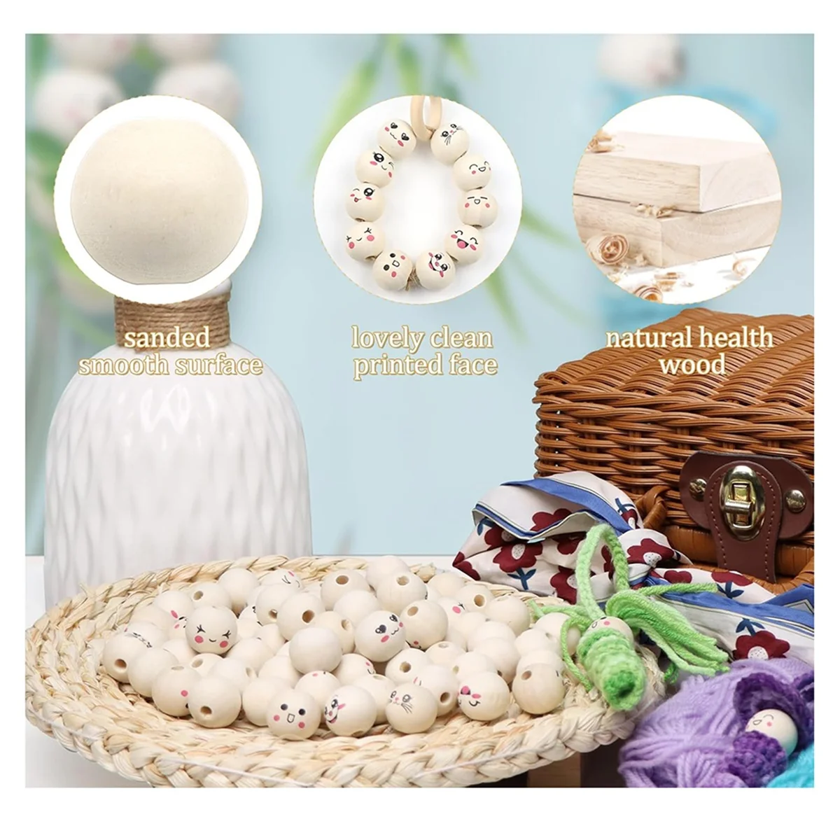 ABIY-10 estilos de contas de madeira com rosto, pacote de 100 bolas de madeira com rosto 20 mm com furo, cabeças de madeira com rosto para artesanato