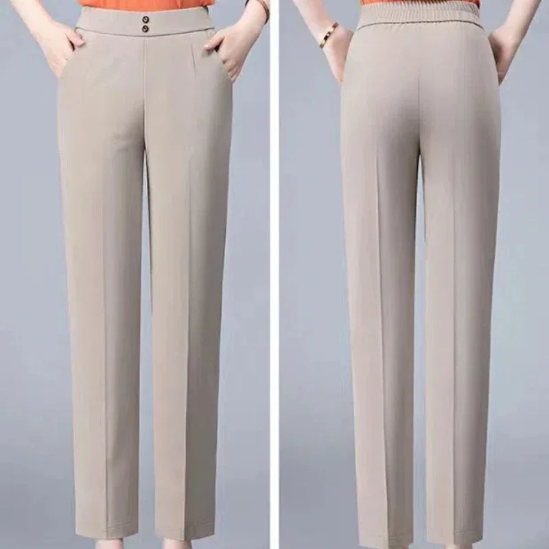 Spring Autumn Women's Solid Color Button Elastic High Waist Pockets Casual Trousers Straight Trouser Suits Comfortable Pants