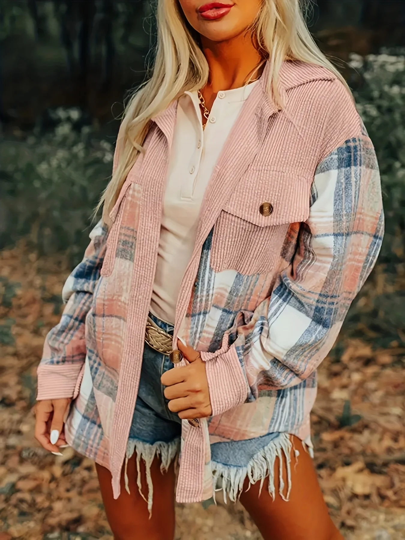 Women Lapel Plaid Patchwork Long Sleeve Oversized Button Down Shirt Jacket