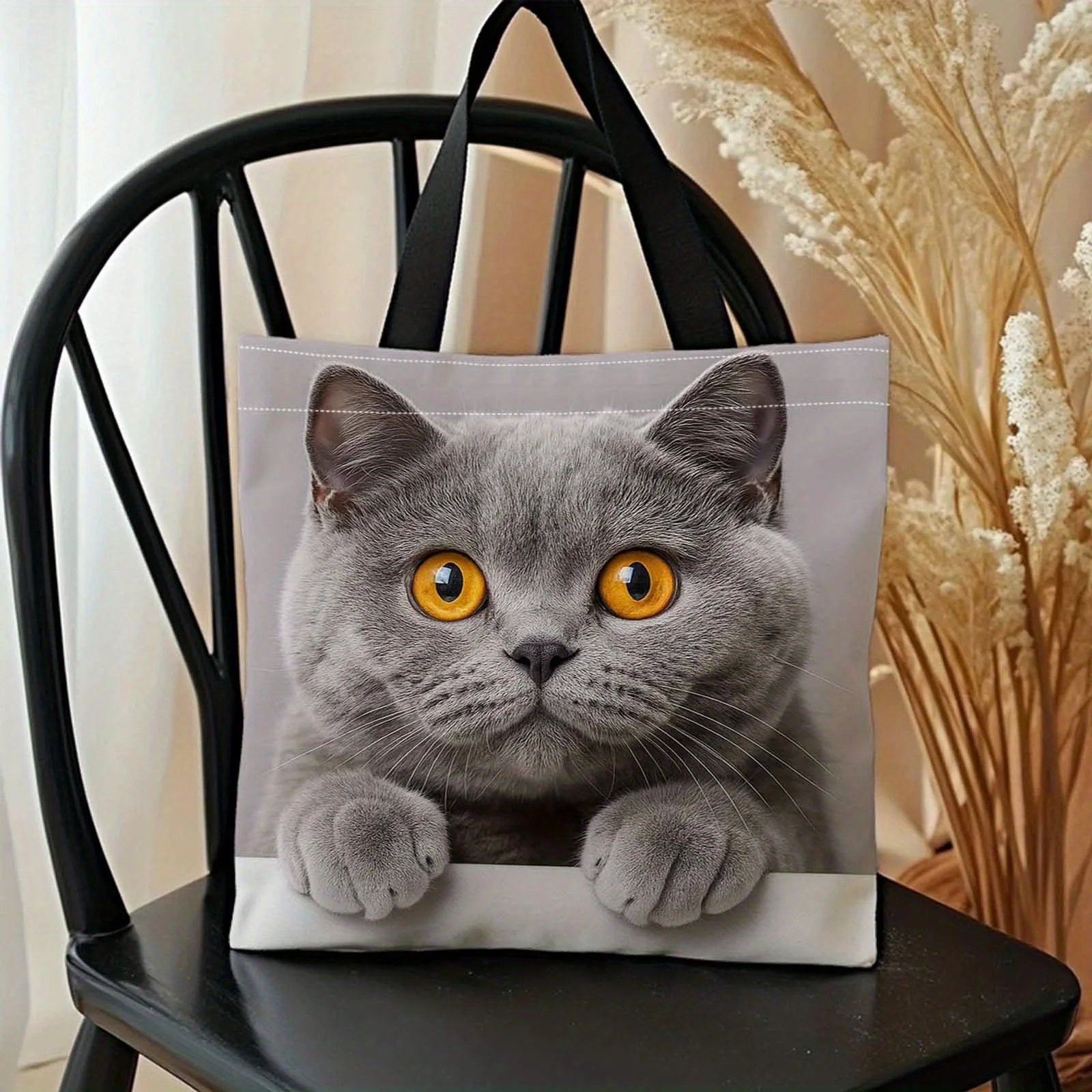 1pc A Shopper Bag A Portable Bag That Can Be Carried On The Shoulder Or By Hand Featuring A Curious Grey Cat With Bright Eyes
