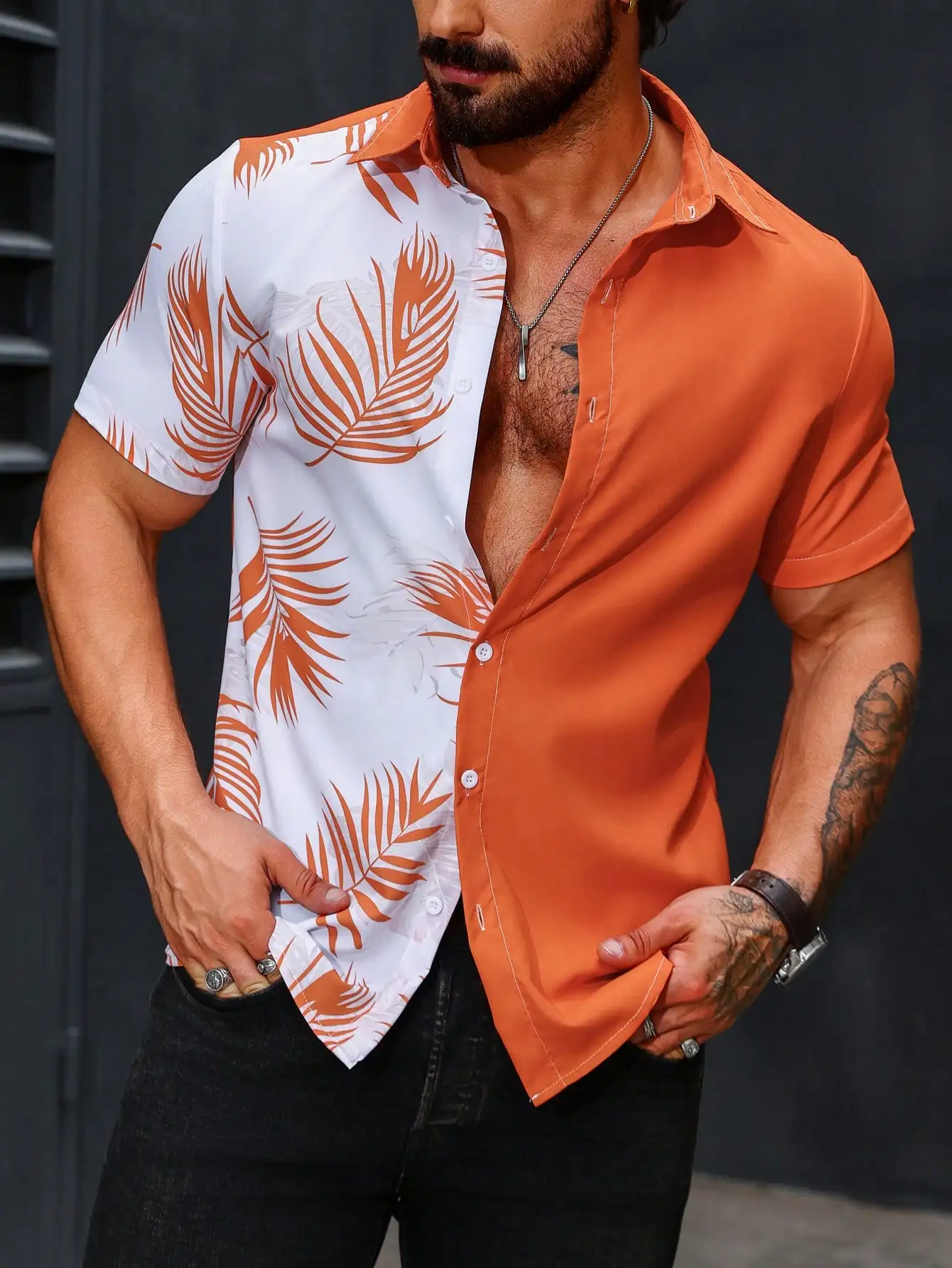 

Men's Casual Short Sleeve Color Block Palm Leaf Print Shirt for Summer Vacation