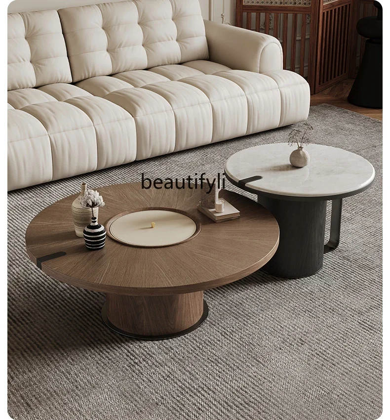 

Medieval style microcrystalline stone coffee table household walnut cream style simple and advanced sense round coffee table
