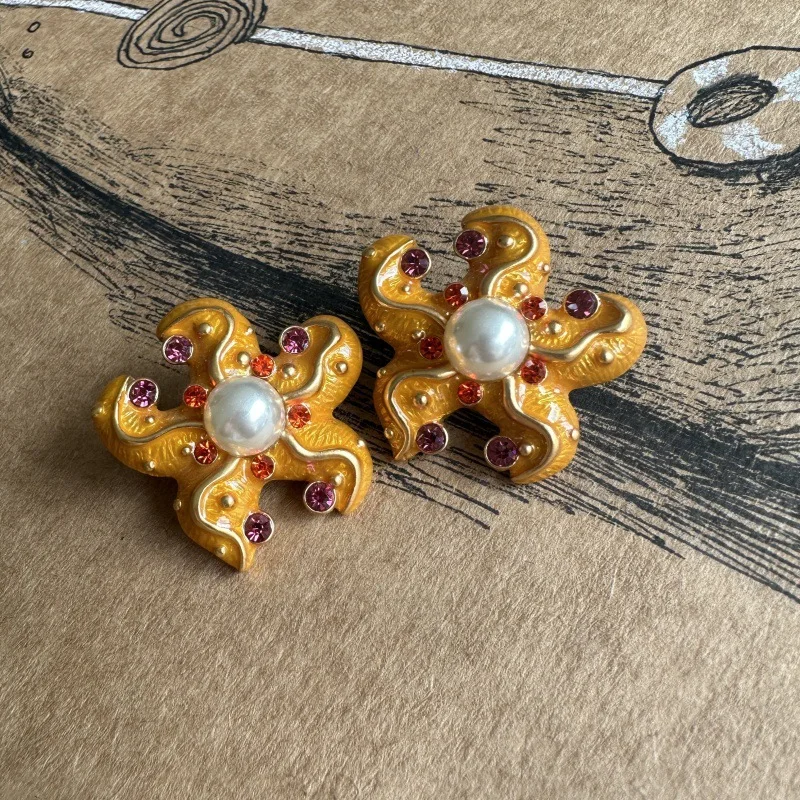 Vintage Vintage Maillard Marine Animal Orange Diamond Enamel Glaze Starfish Octopus Diamond Stud Earrings Clips